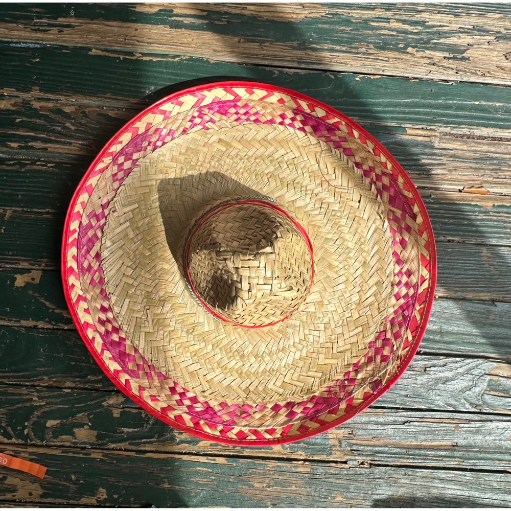Traditional Mexican Straw Sombrero Wide Brim Sun Hat Pink Red Made in Mexico